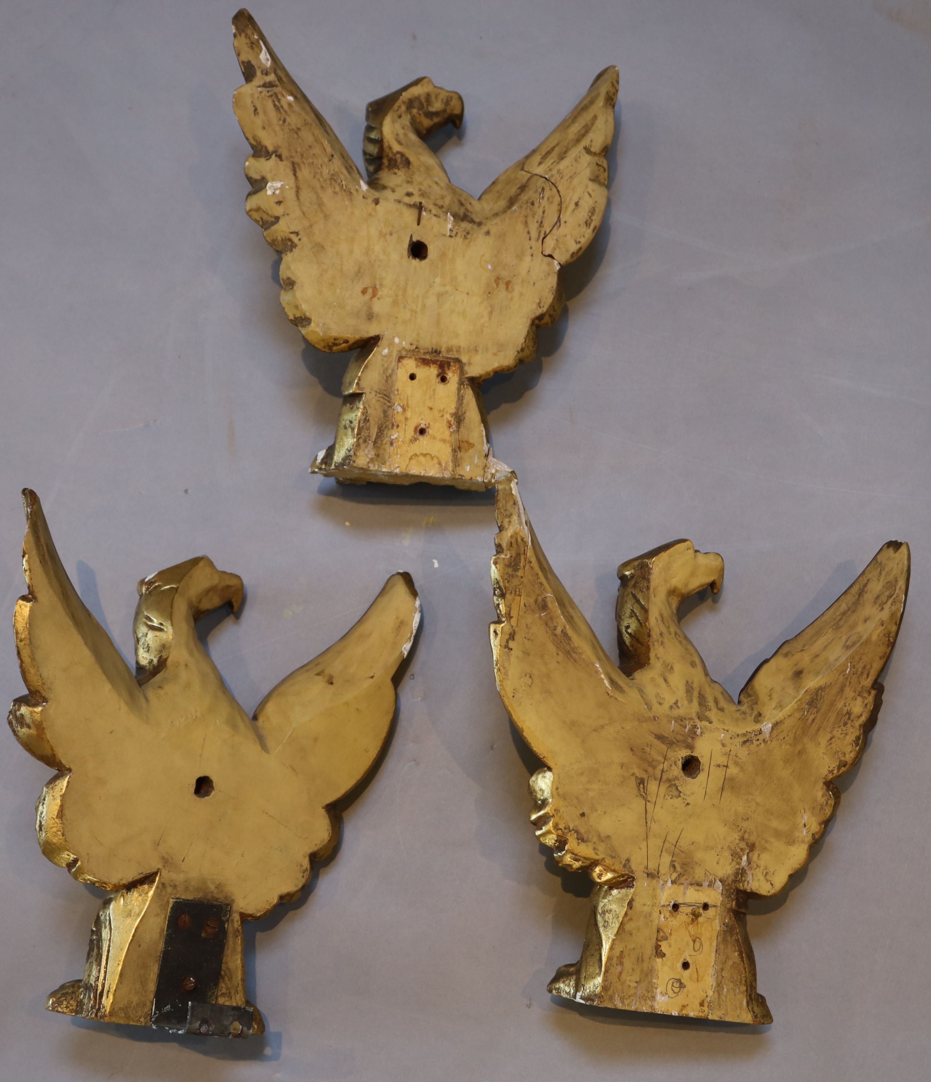 A set of three carved giltwood heraldic eagles, width 24cm height 26cm